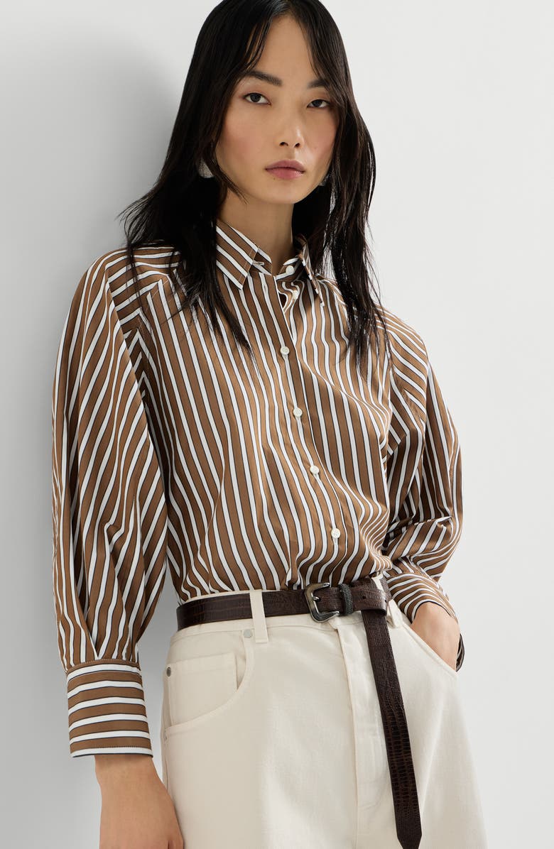 Brunello Cucinelli Shadow stripe poplin shirt, Alternate, color, Brown