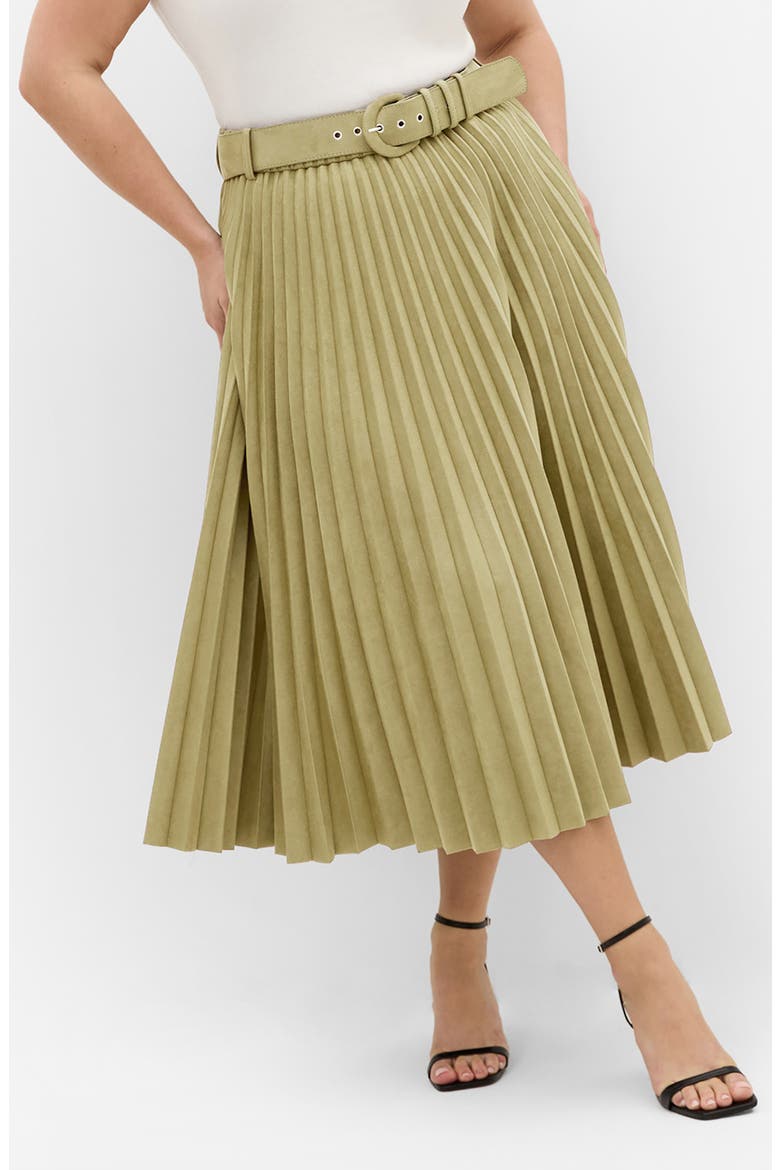 Pleated Belted Faux Suede Skirt, Main, color, SAGE