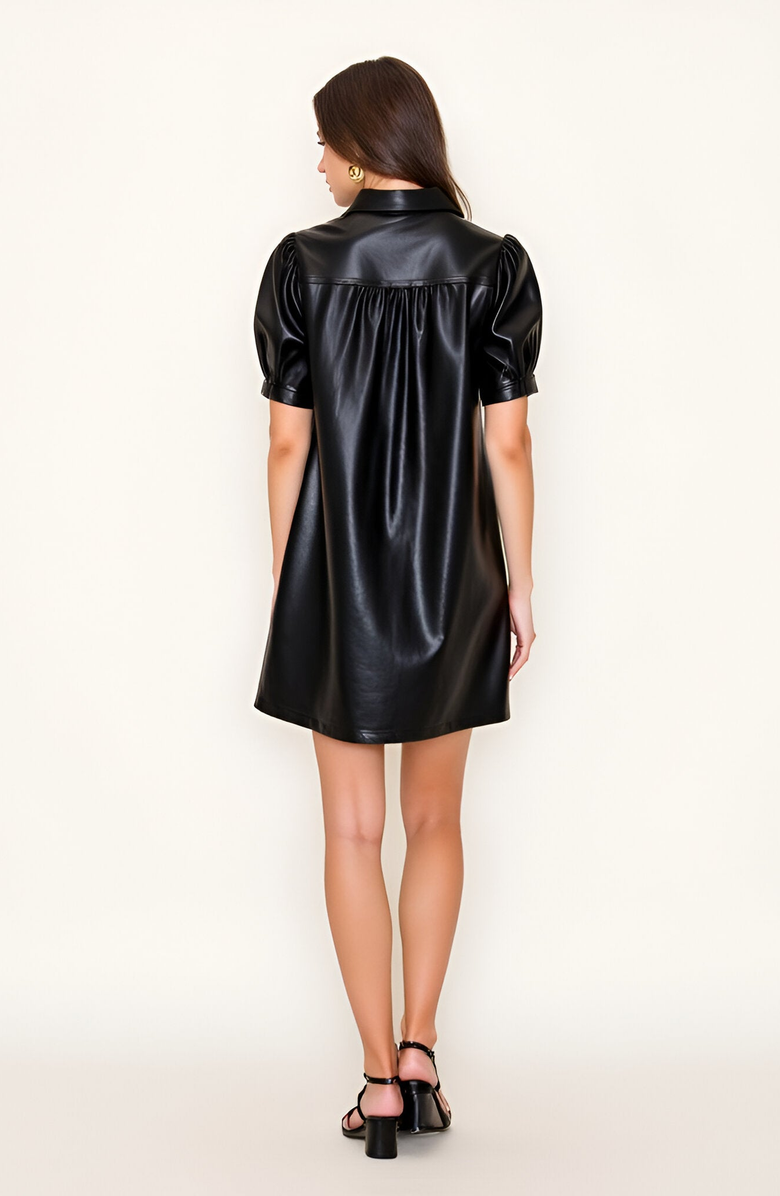 Modenaire Faux Leather Puff Sleeve Button Front Shirt Dress, Alternate, color, Black