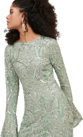 Occasion Modest Embellished Sequin Beaded Cape Sleeves Evening Maxi Dress