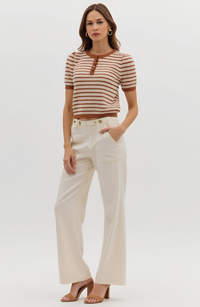 Modenaire Striped Short Sleeve Knit Top with Button Placket and Scallop Trim, Alternate, color, 