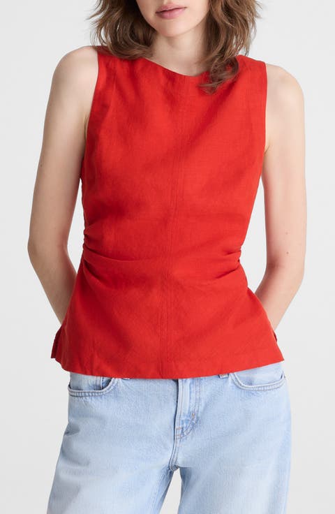 Cinched Boatneck Sleeveless Linen Top
