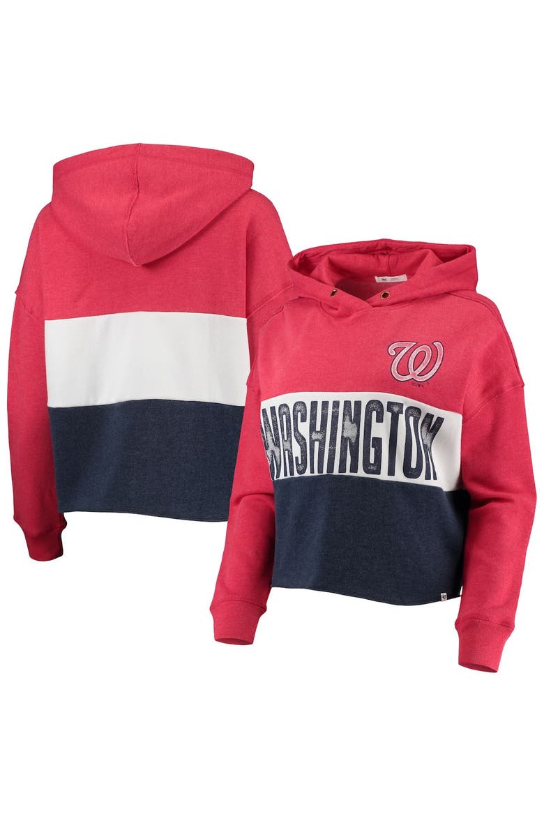 Women's '47 Heathered Red/Heathered Navy Washington Nationals Lizzy Cropped Pullover Hoodie, Main, color, Heather Red