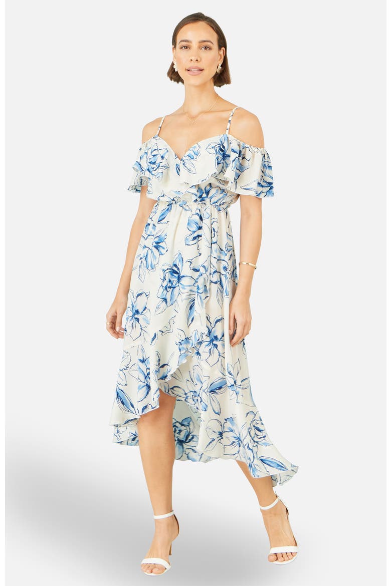 Floral Print Bardot Midi Dress, Alternate, color, White