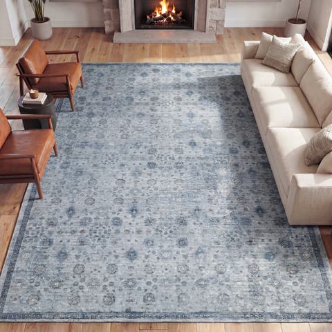 Petunia Distressed All-Over Floral Border Non-Slip Machine-Washable Rug