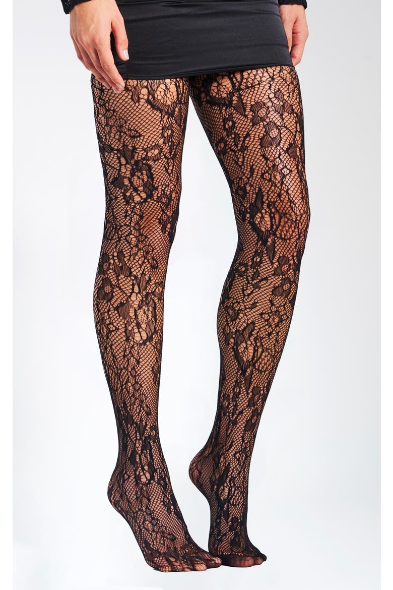 Lace Floral Print Tights, Main, color, Black
