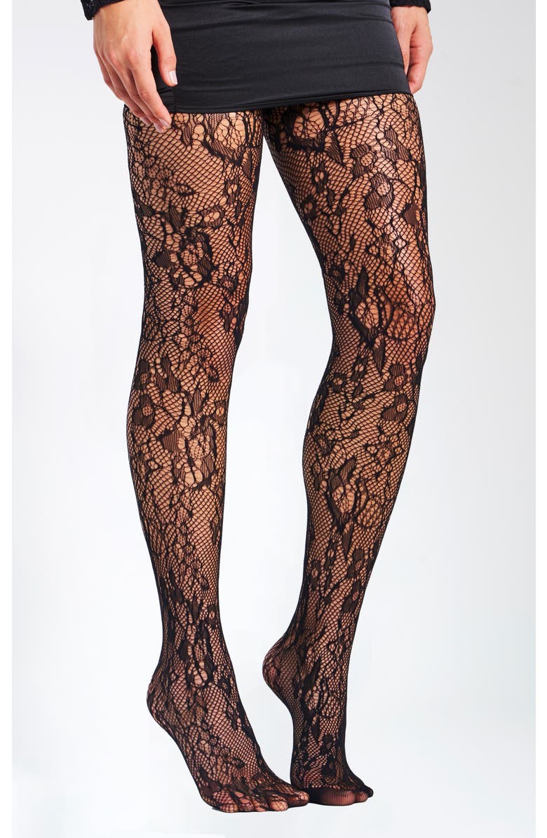 Miss Circle Lace Floral Print Tights, Main, color, Black