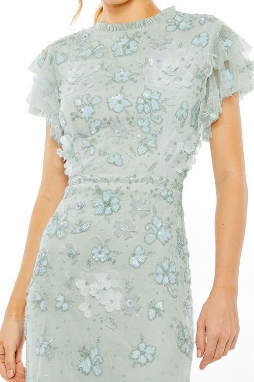 Mac Duggal Floral Embellished High Neck Flutter Sleeve Gown In Blue