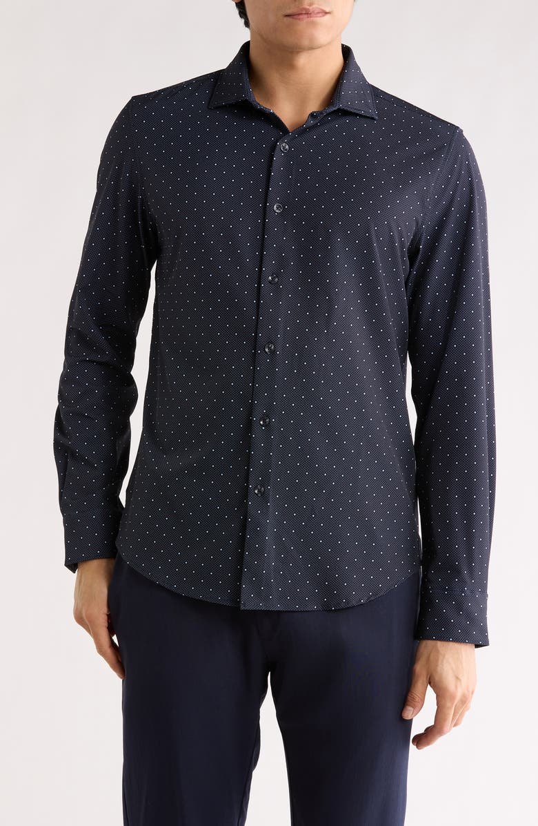 DENIM AND FLOWER Micro Dot Tech Dress Shirt, Main, color, Navy