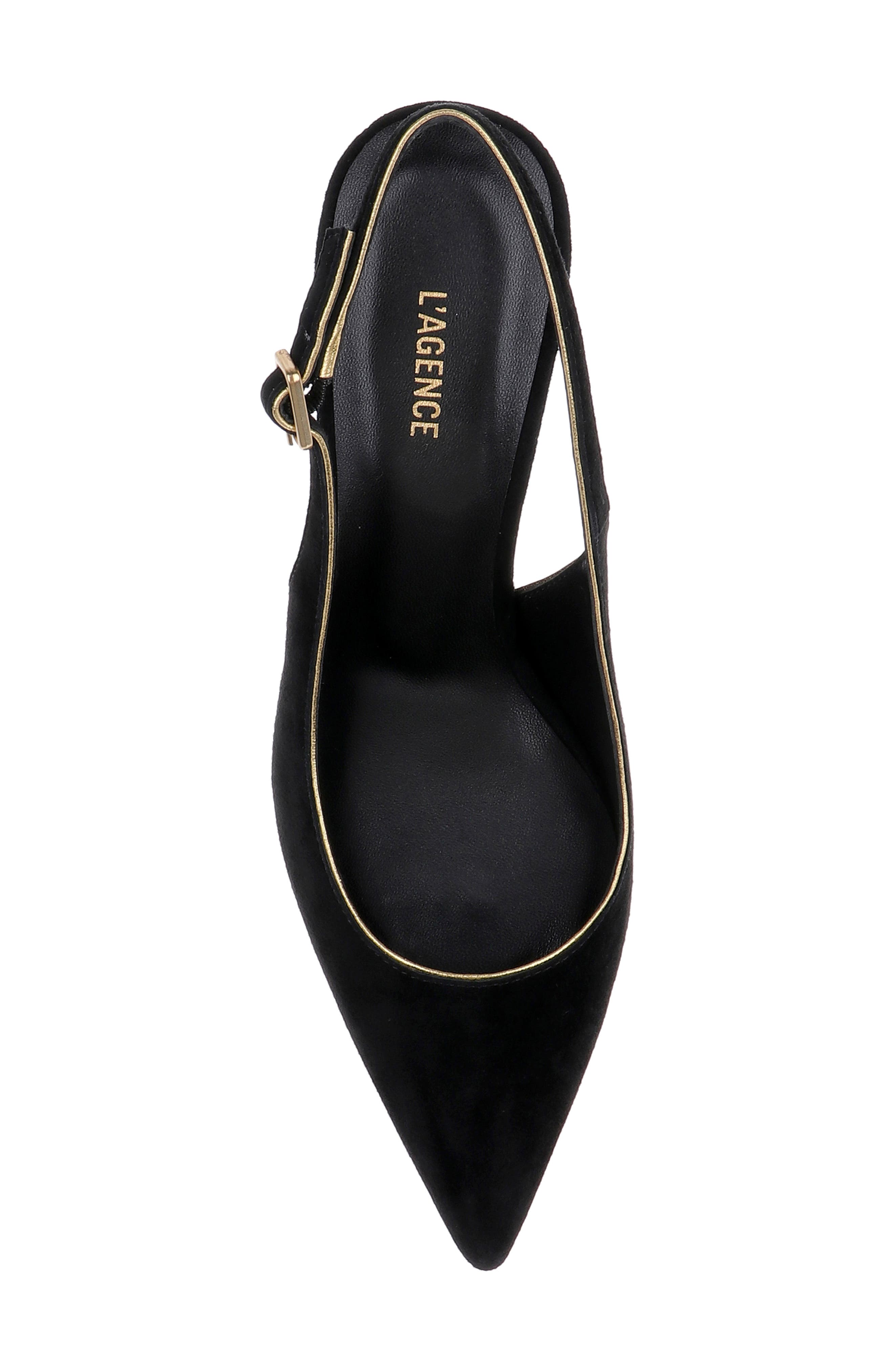 L'AGENCE Vichy II Leather Trimmed Pointed Toe Slingback Pump, Alternate, color, Black Suede