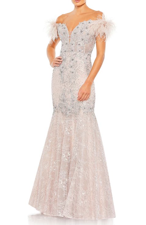 Feathered Crystal Embellished Sleeveless Gown