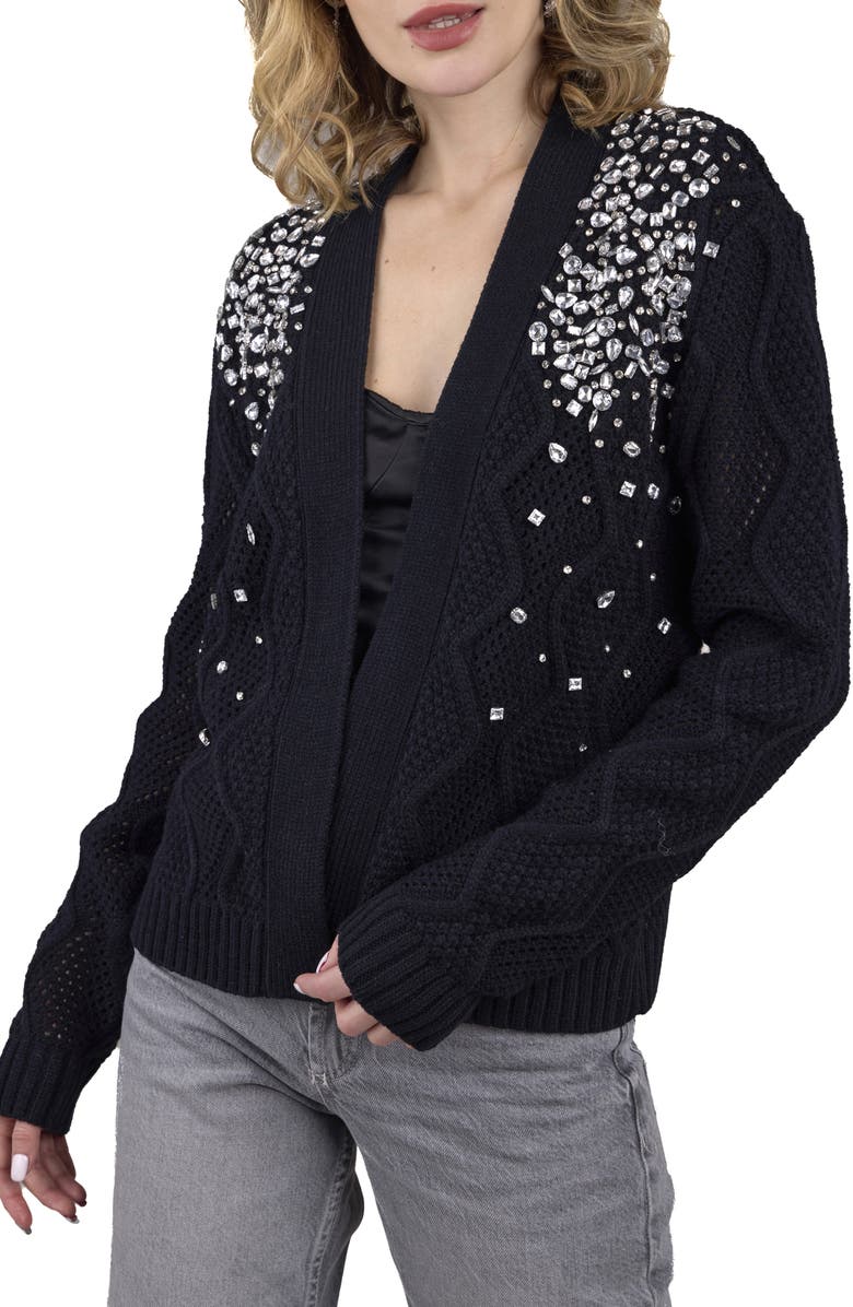 SAACHI Scattered Crystal Embellished Cardigan, Alternate, color, Black