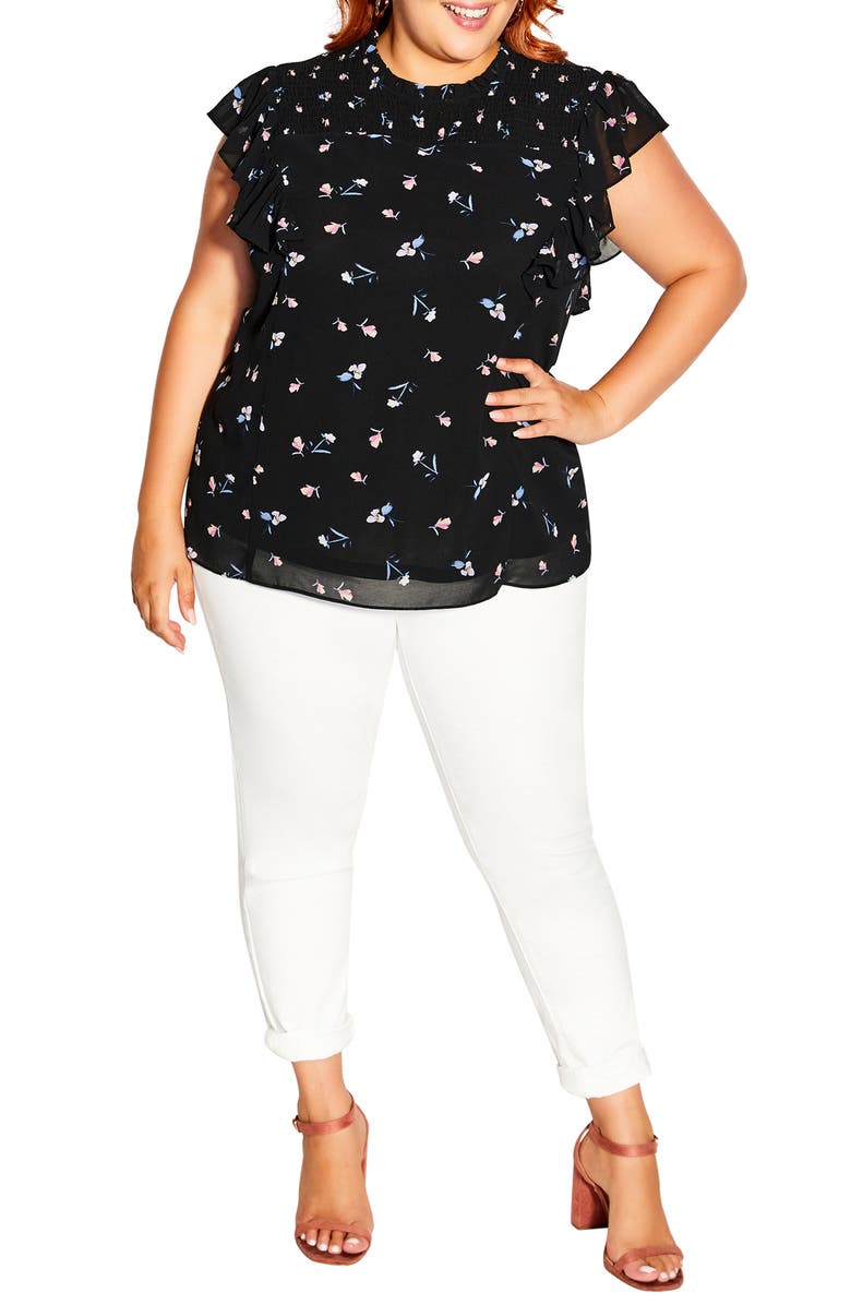 City Chic Elena Floral Smocked Blouse, Alternate, color, Black Blushing Petal