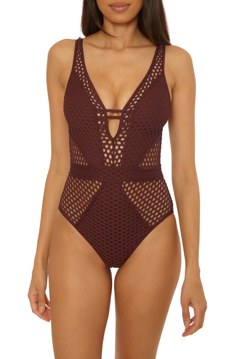 Becca Castaway Fishnet Plunge One-Piece Swimsuit, Main, color, Brown