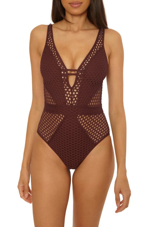 Castaway Fishnet Plunge One-Piece Swimsuit