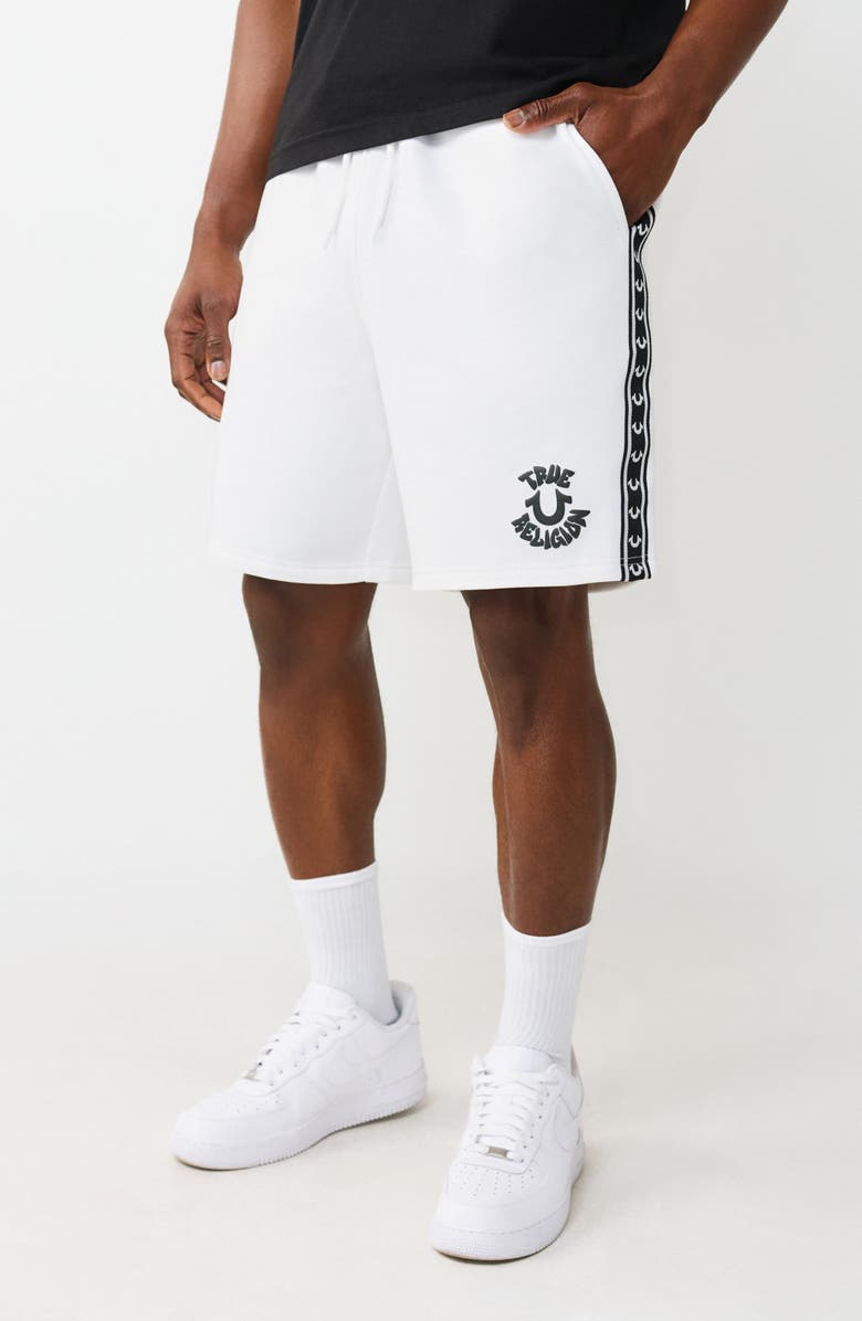 True Religion Logo Fleece Shorts, Alternate, color, Optic White