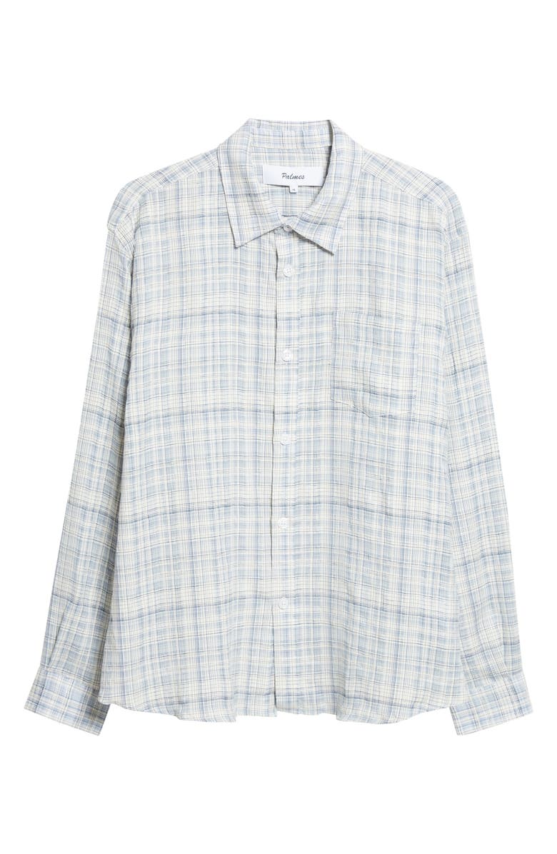 PALMES Plaid Wrinkle Stretch Cotton & Linen Button-Up Shirt, Main, color, Sky Blue
