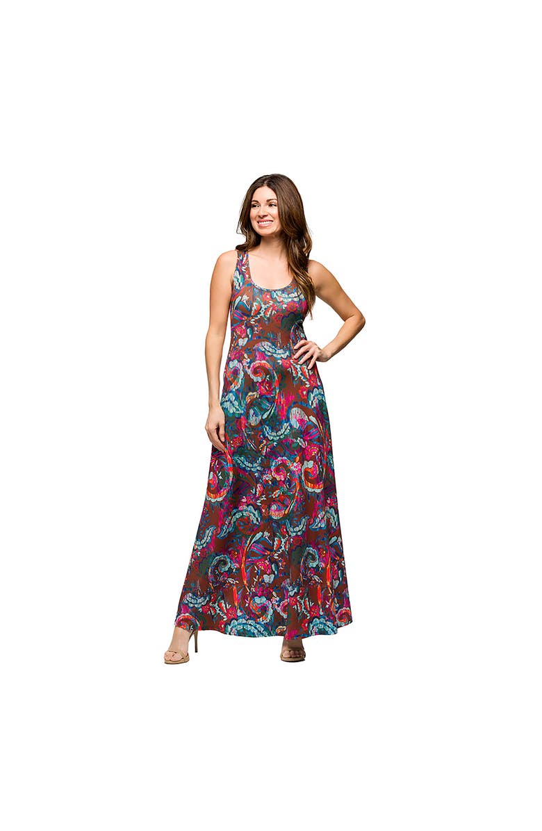 24seven Comfort Apparel Maternity Pink and Brown Print Scoop Neck A-Line Sleeveless Maxi Dress, Main, color, Brown Multi