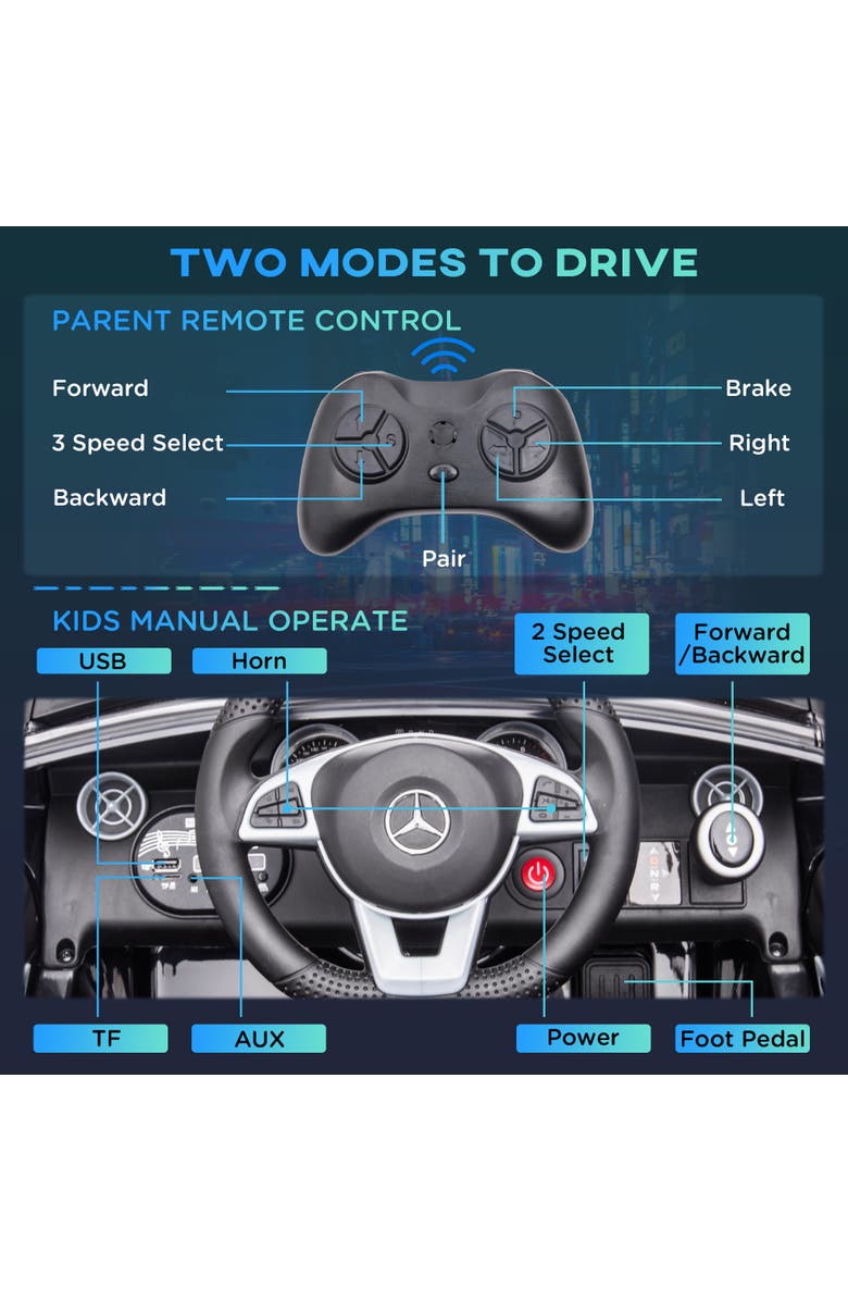 Aosom 12V Kids Electric Ride On Car with Parent Remote, Two Motors, 2 Speeds, Music, LED Lights, USB, Alternate, color, Black