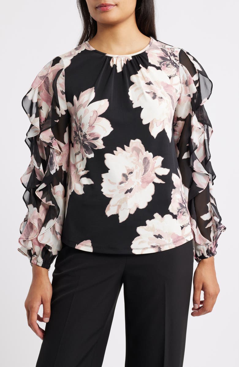 Anne Klein Ruffle Sleeve Floral Print Shirt, Main, color, Black Multi/ Black