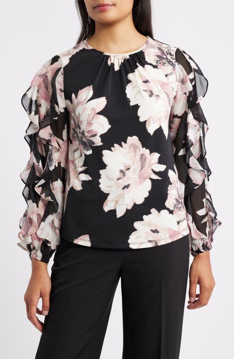 Ruffle Sleeve Floral Print Shirt