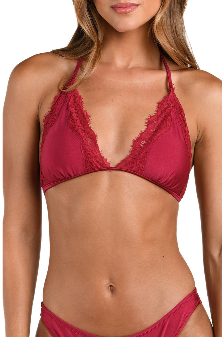 Annabelle Lace Trim Triangle Bikini Top, Main, color, BLACK CHERRY