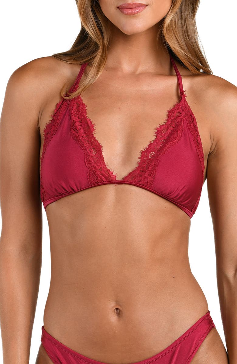 L'AGENCE Annabelle Lace Trim Triangle Bikini Top, Main, color, Black Cherry