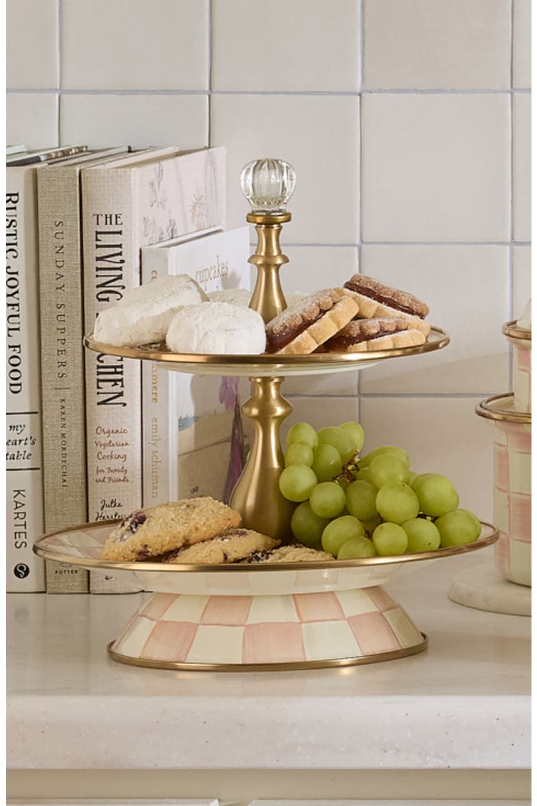 Rosy Check Enameled Steel 2-Tier Sweet Stand, Alternate, color, ROSY