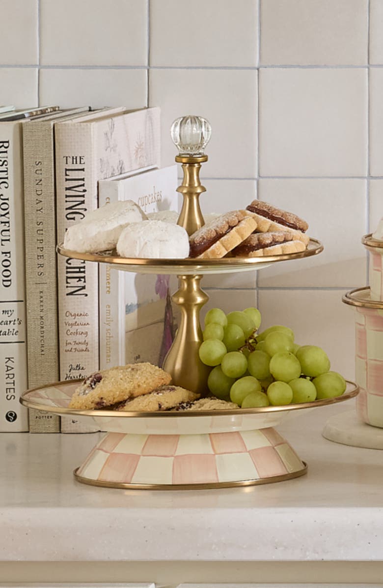 MACKENZIE CHILDS Rosy Check Enameled Steel 2-Tier Sweet Stand, Alternate, color, Rosy