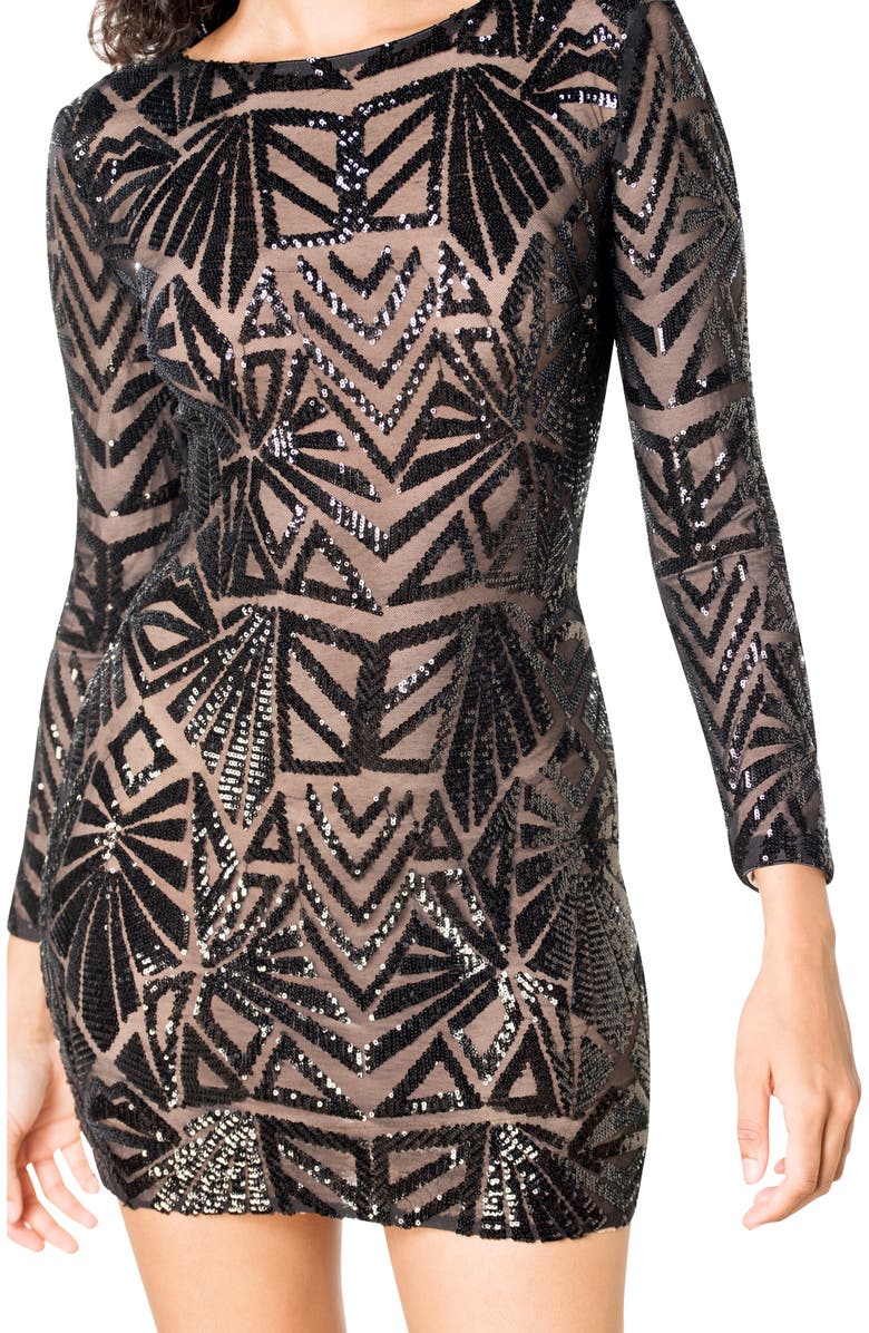 Dress the Population Lola Sequin Long Sleeve Body-Con Minidress, Alternate, color, Black/ Nude