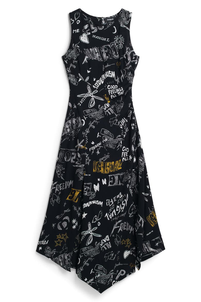 Slogan Print Asymmetric Hem Dress, Alternate, color, BLACK