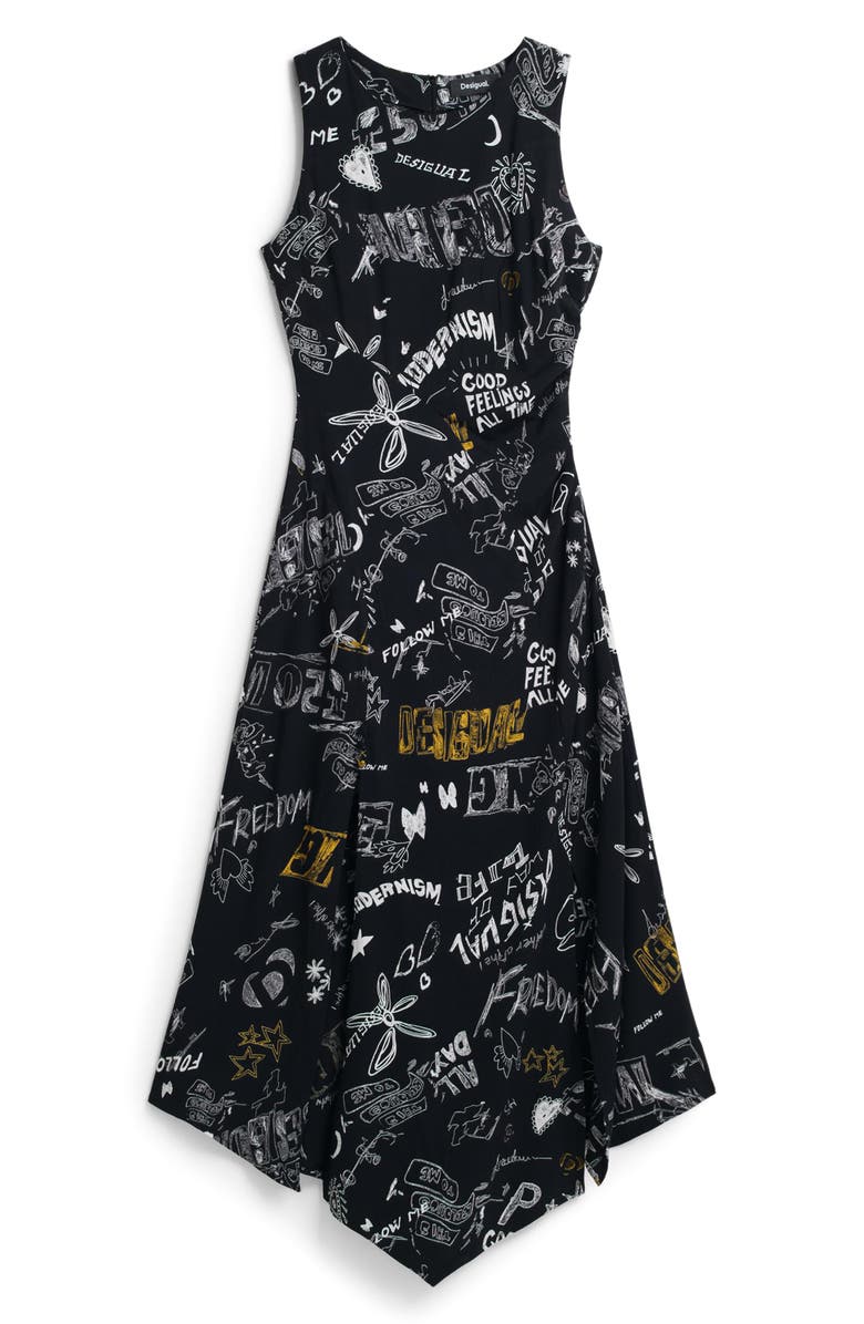Desigual Slogan Print Asymmetric Hem Dress, Alternate, color, Black