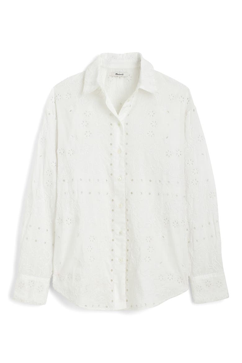 Eyelet Oversize Button-Up Shirt, Alternate, color, WHITE
