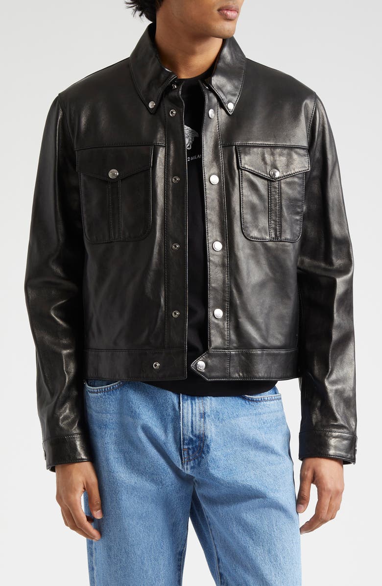 Versace Blouson Leather Jacket, Main, color, Black
