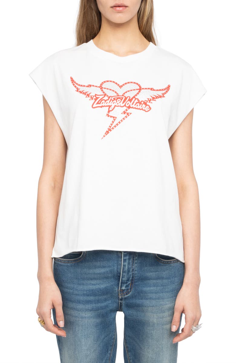 Zadig & Voltaire Cloe Heart Wings Strass Crystal Embellished Cotton Graphic T-Shirt, Main, color, Judo