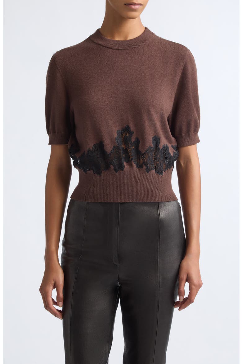 Vika Short Sleeve Merino Wool Sweater, Main, color, WALNUT/ JET