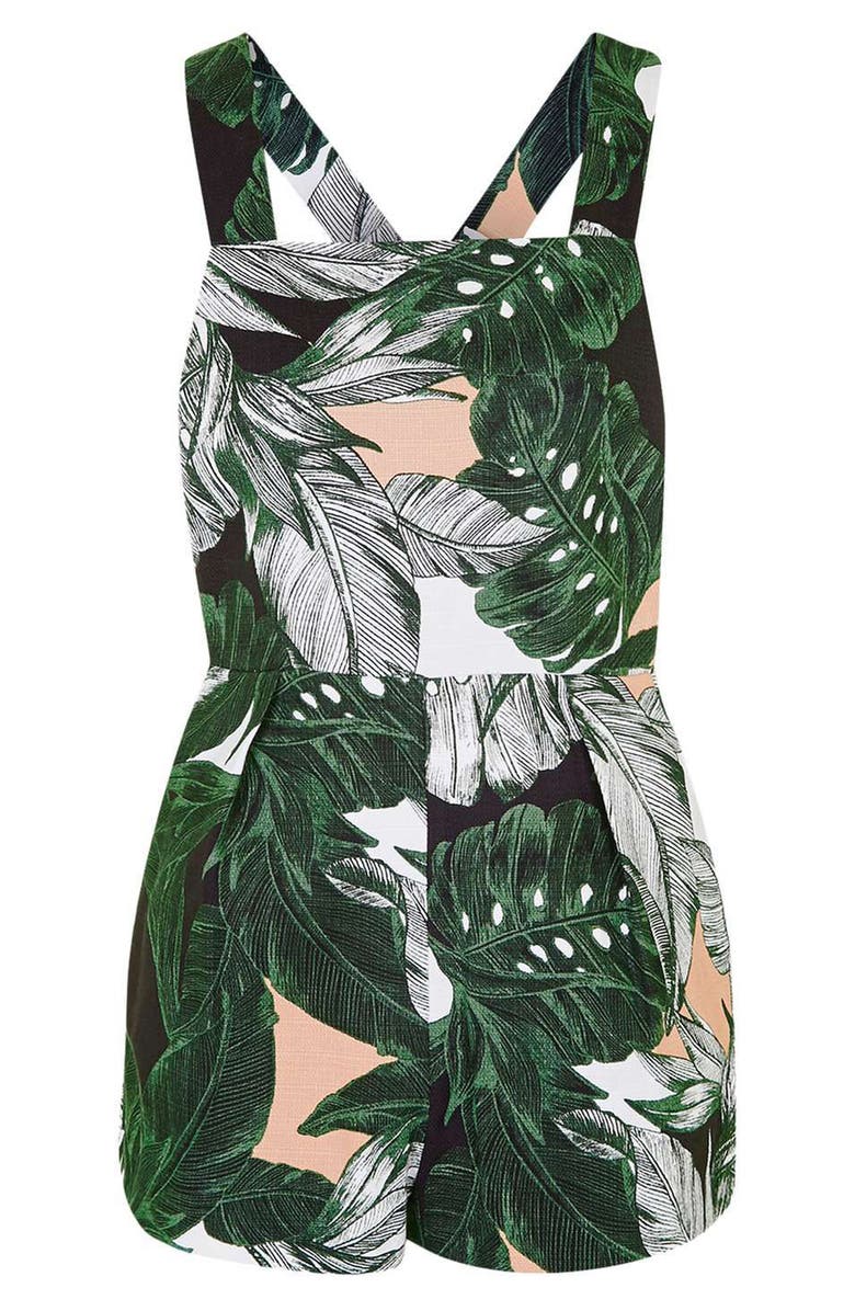 Topshop Leaf Print Ring Back Romper, Alternate, color, 