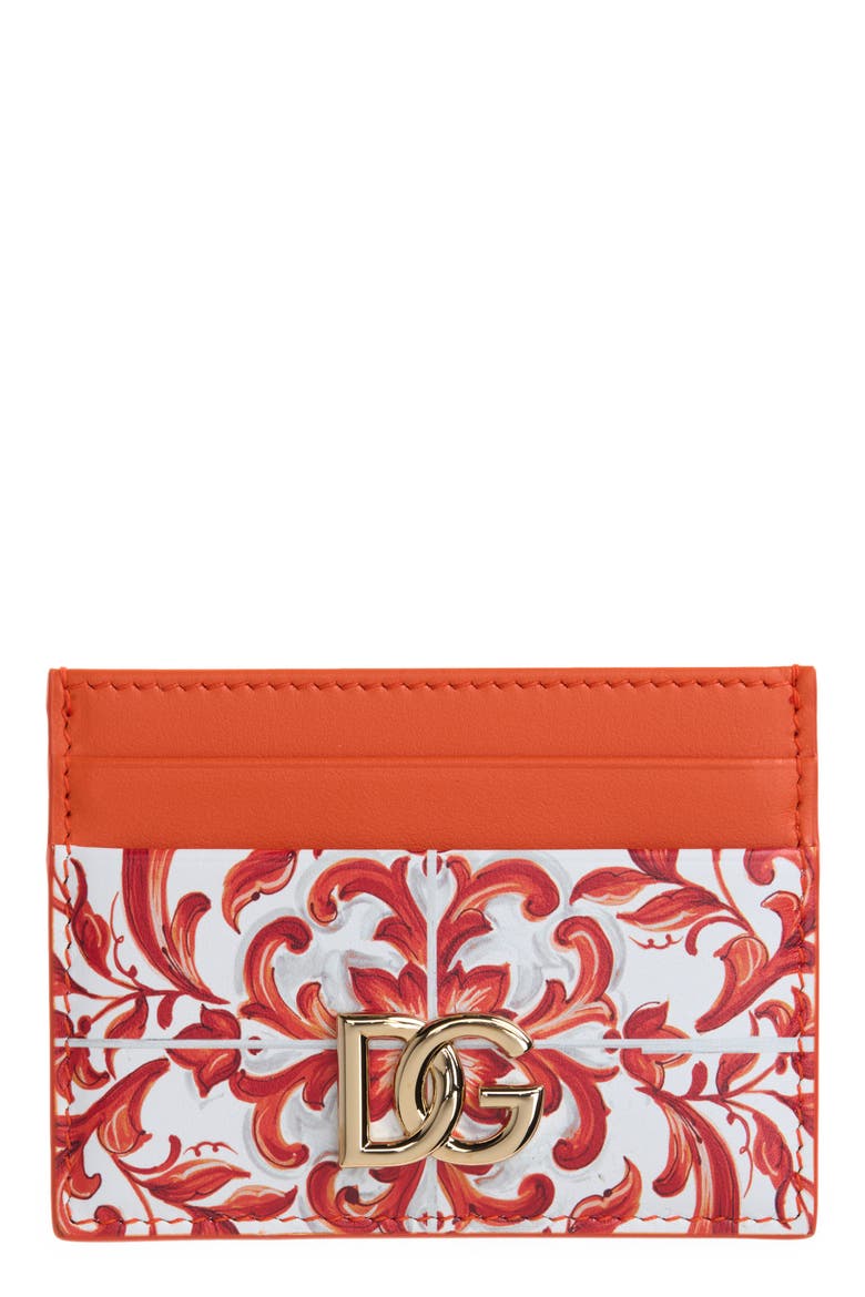 DG Logo Majolica Print Leather Card Case, Main, color, IH3TN MAIOLICA 6 ORANGE