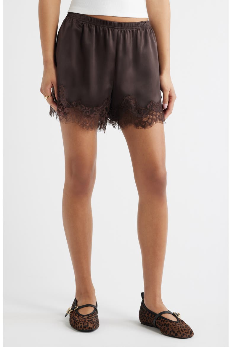 Lace Trim Satin Shorts, Main, color, BROWN SEAL