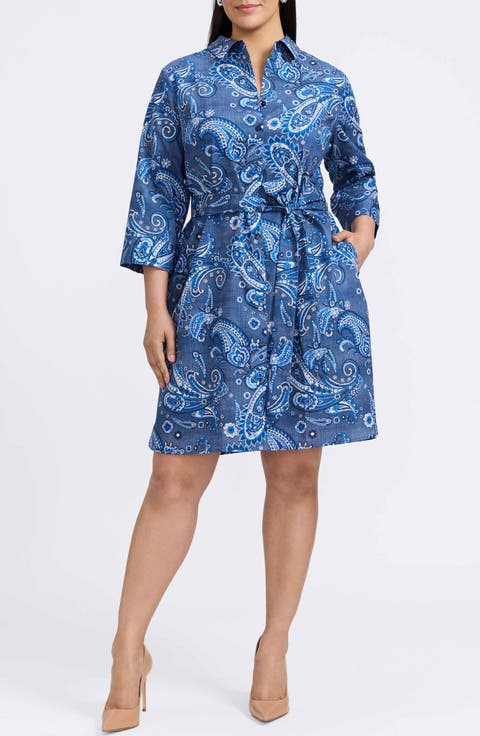 Rocca Paisley Print Belted Cotton Shirtdress (Plus)