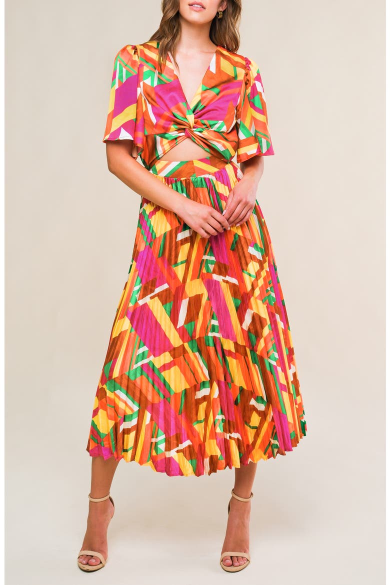 Print Midi Dress, Alternate, color, BROWN/ FUCHSIA/ GREEN