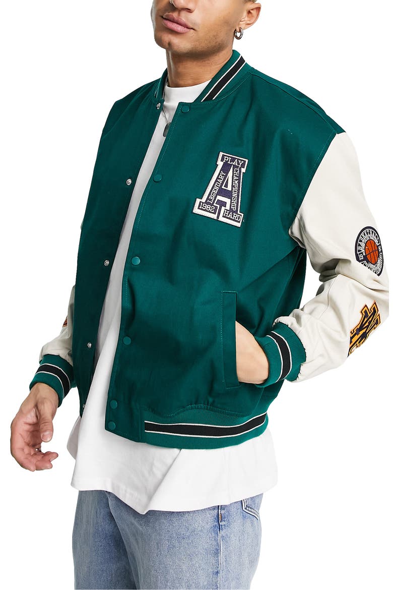 Varsity Bomber Jacket, Main, color, KHAKI