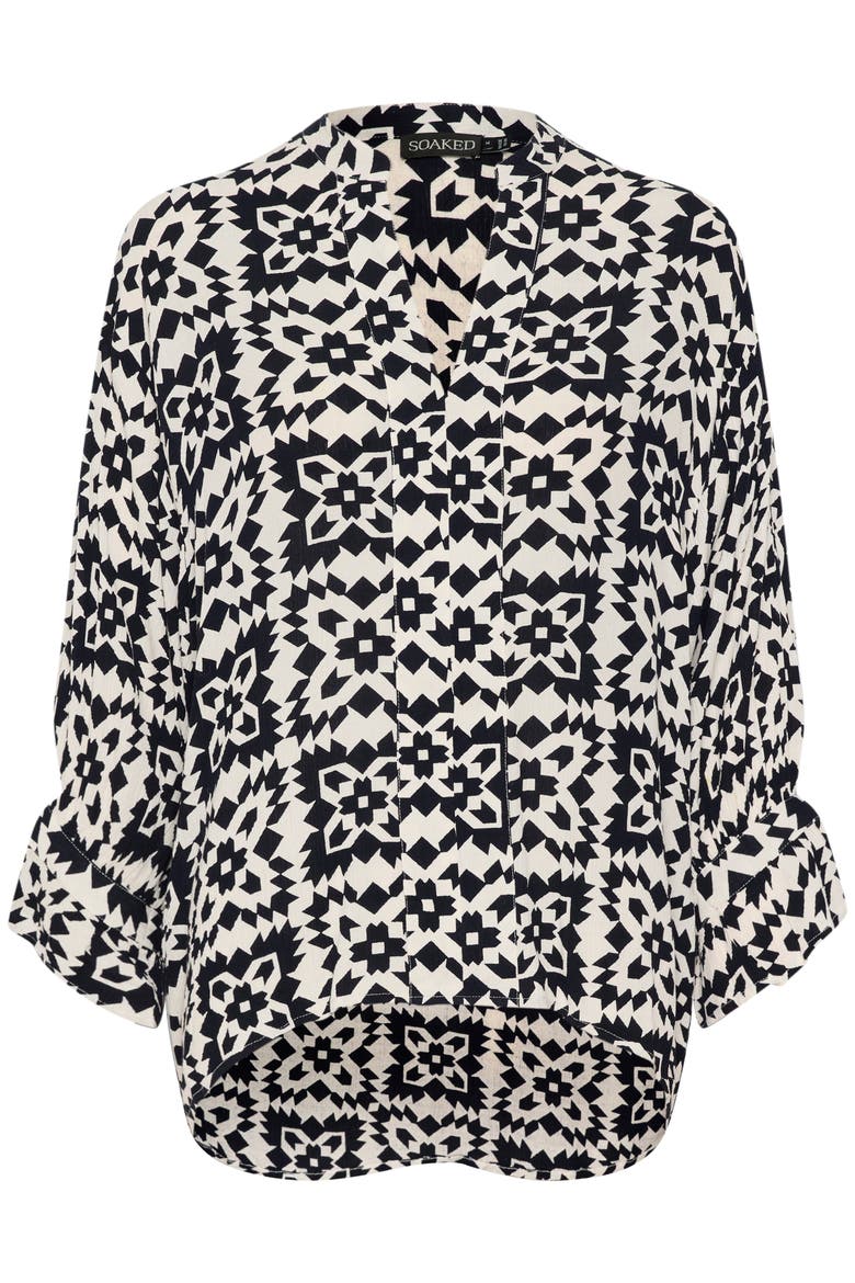 Zaya 3/4 Sleeves V-Notch Neck Blouse, Alternate, color, White And Navy Folklore