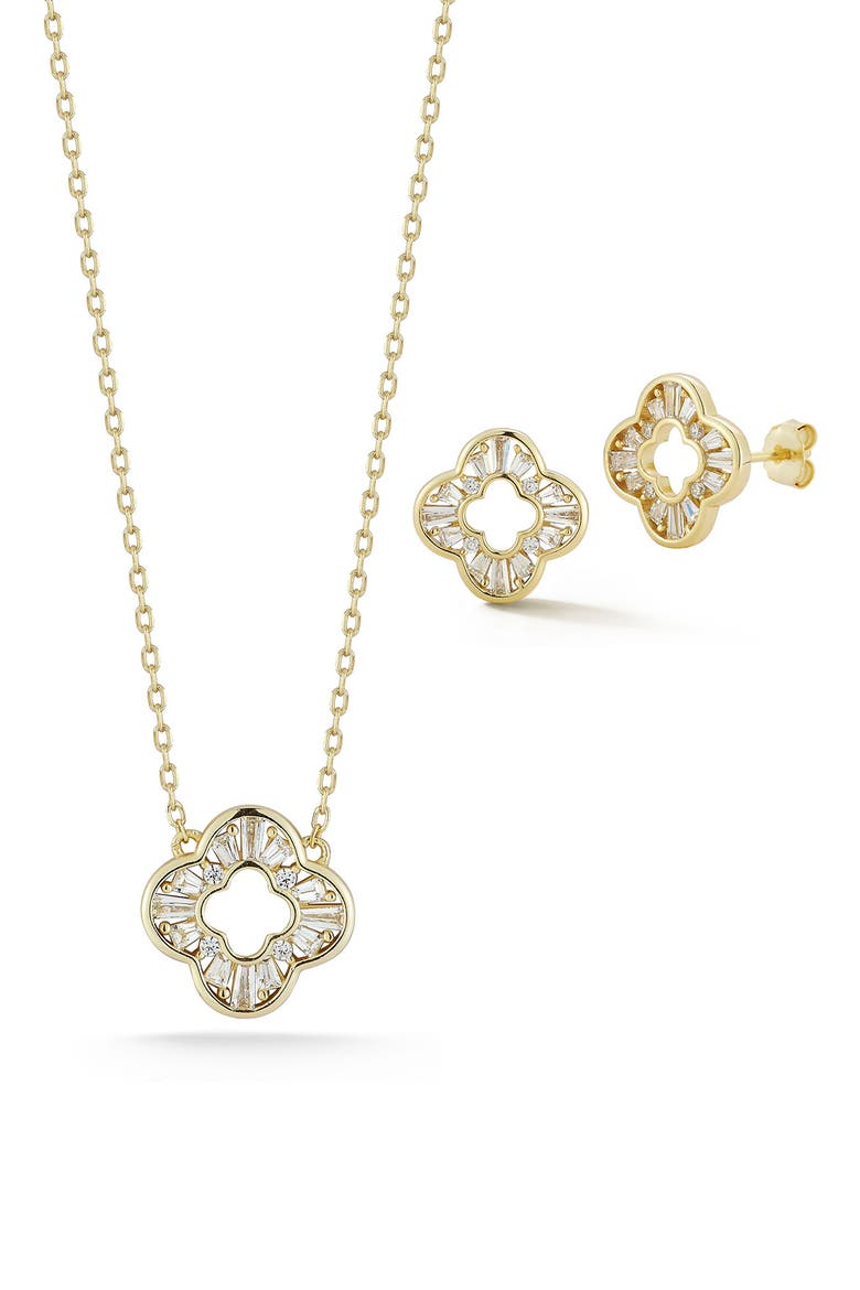Cubic Zirconia Open Clover Pendant Necklace & Stud Earrings Set, Main, color, GOLD