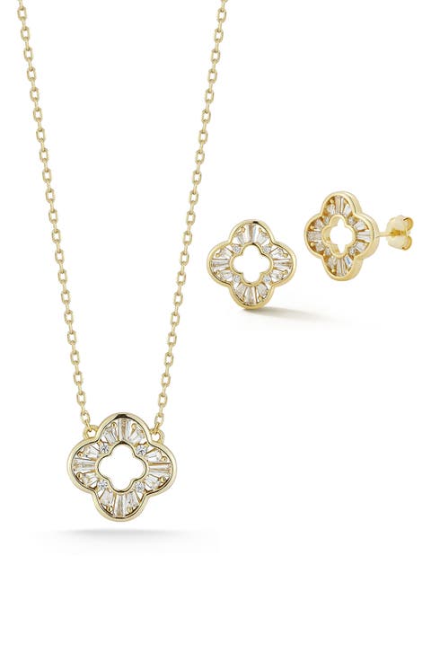 Cubic Zirconia Open Clover Pendant Necklace & Stud Earrings Set
