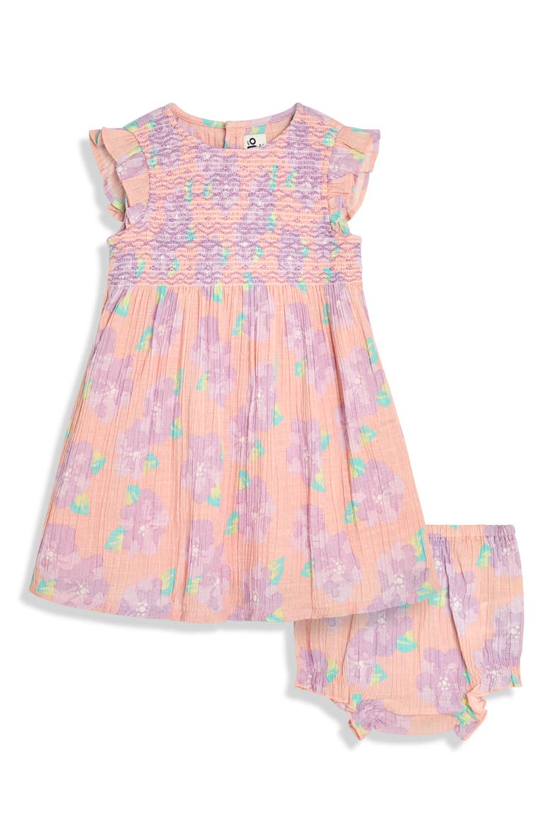 Floral Smocked Cotton Dress & Bloomers, Main, color, CORAL