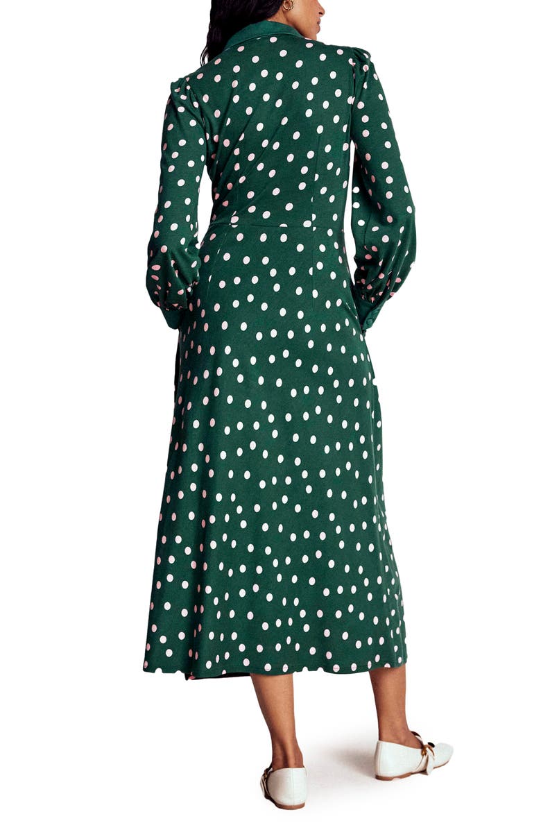 Boden Polka Dot Empire Waist Long Sleeve Dress, Alternate, color, Emerald Night Painted Dot