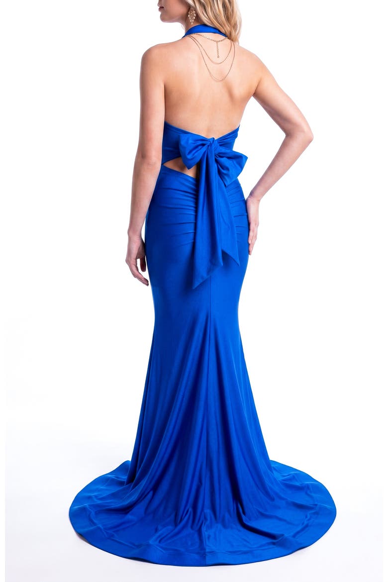 Open-Back Halter Mermaid Gown With Bow Back Detail, Alternate, color, Royalty Royal