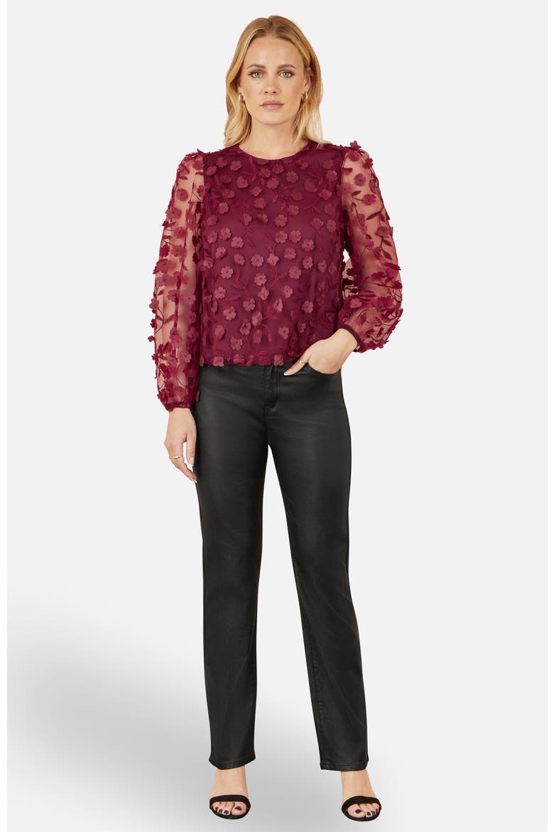 Sheer Sleeve Applique Top, Alternate, color, Burgundy