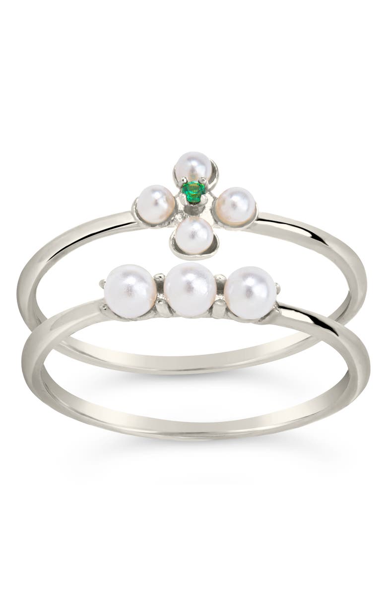 Sterling Forever Cara Set of 2 Imitation Pearl & Cubic Zirconia Stackable Rings, Alternate, color,